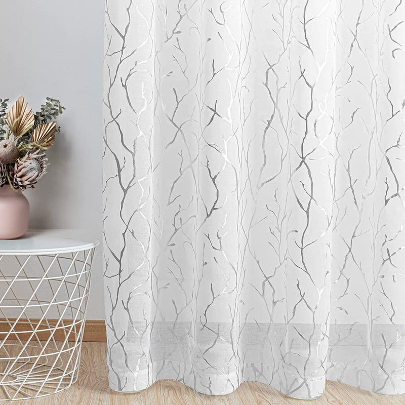 Kotile Silver White Sheer Curtains 84 Inches Long - Printed Classy Silver Tree Branch Curtains for Bedroom Grommet Top Window Tree Curtains for Living Room, 52 x 84 Inch, 2 Panels, Silver and White - Image 5